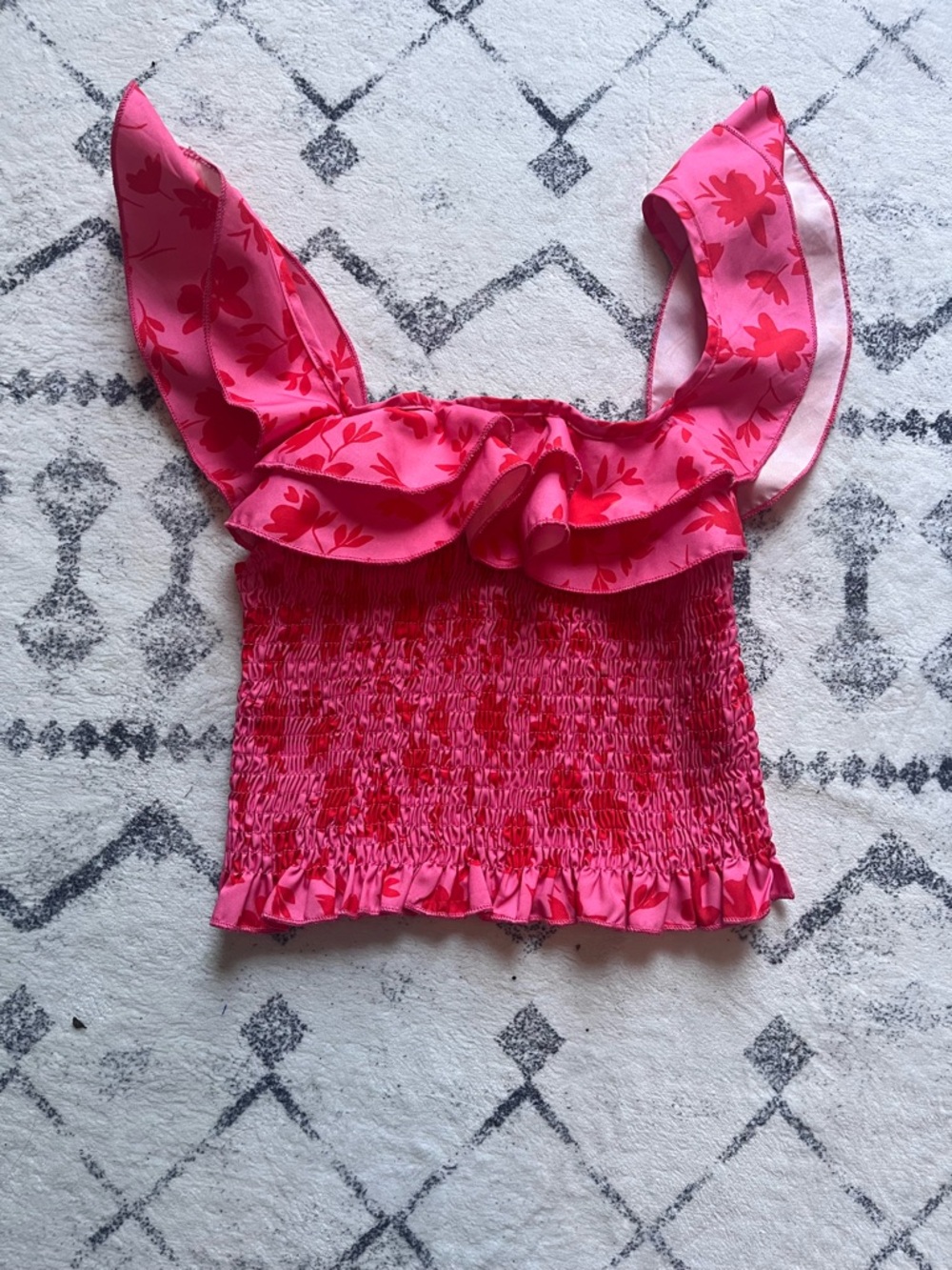 SHEIN Pink Floral Ruffle Smocked Tank Top